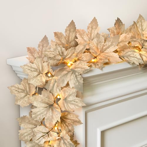 Fall Decor - 2 Pack Fall Garlands - 8.2Ft Fall Maple Leaf Lighted Garlands for Mantle, Fireplace, Porch, Table, Farmhouse Harvest Indoor Outdoor Autumn Home Decorations (Not Batteries)