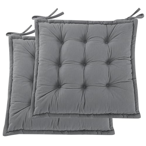 PRIMEPATIO Indoor Sitzkissen Stuhl 2er Set Komfortable Cordstoff-Sitzmatte Stuhlkissen mit Bändern Hochwertige Füllung Ideal für Esszimmer Büro Wohnzimmer Outdoor Gartenstuhl 50x50x7 Hellgrau