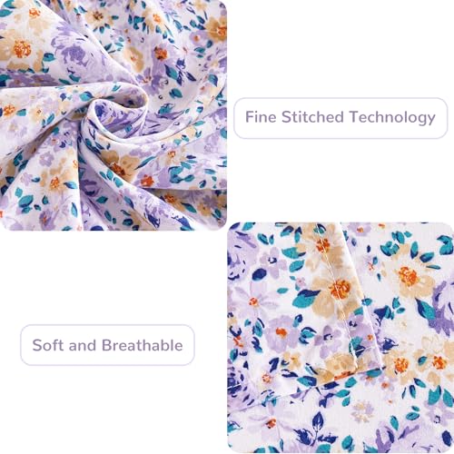 Image of Mooreeke Floral Full Bed Sheets, Soft Microfiber Printed Bedding Sheets & Pillowcases, Deep Pocket Non-Slip Vintage Full Sheet, Purple Yellow Flower Pattern Bedsheets