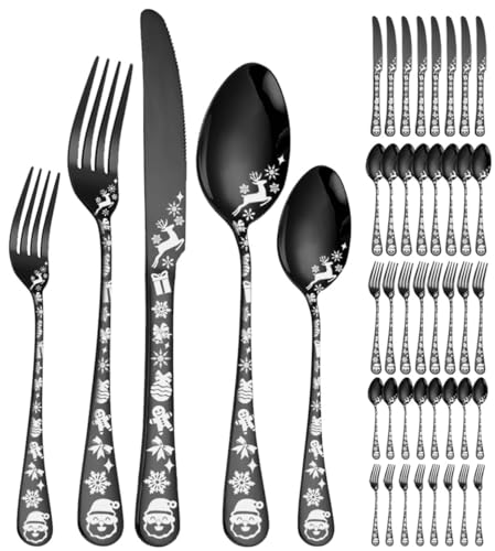 XIAOYU 40 pezzi Set di posate in stile natalizio per 8, set di posate in acciaio inossidabile, fiocchi di neve Disegno del modello dell'alce di Babbo Natale, utensili da tavola per la cucina