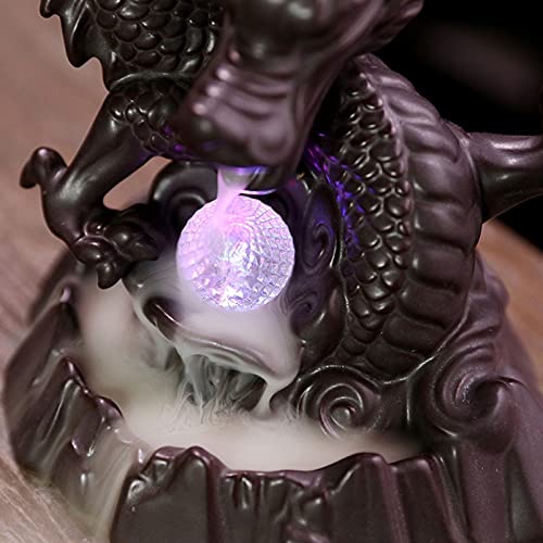 Iytefeki Queimador de incenso de refluxo de dragão com bola de luz LED, fonte de incenso de cerâmica