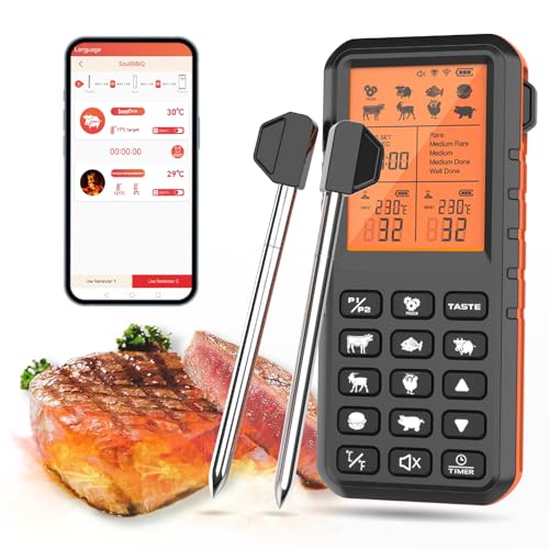 Digital Meat Thermometer, 500FT Wireless Meat Thermometer, Smart App Control, IP67 Waterproof Wireless Meat Probe Oven Safe, Bluetooth Meat Thermometer for Grilling, Kitchen, Cooking BBQ (2)