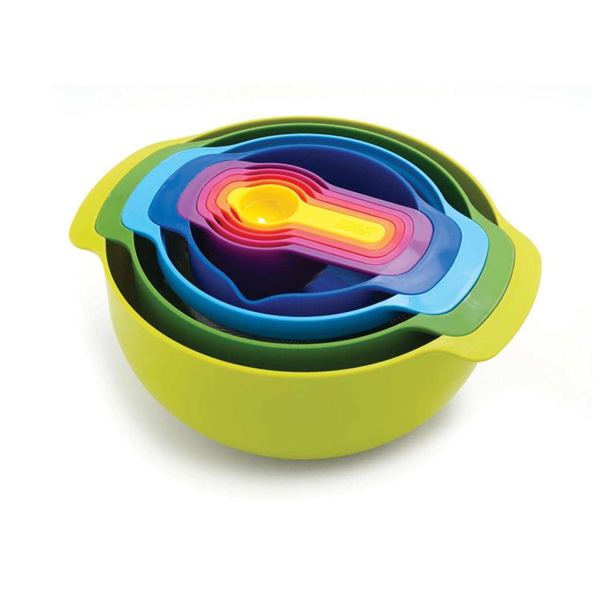 Joseph Joseph Nest 9 Plus, set compatto per la preparazione dei cibi con ciotole per mescolare, misurini, setaccio e colino, multicolore