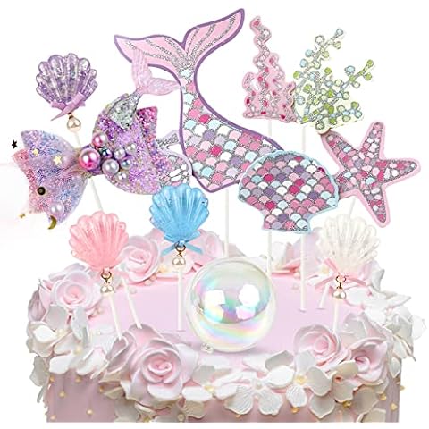 Irtyif Mermaid Cake Topper, 7 Pieces Birthday Mermaid Cake Decorations Mermaid Party Decorations with Pearl Scallop Insert and Pearl Yarn Bow for DIY Cake Birthday Party Decorations Accessories Cover