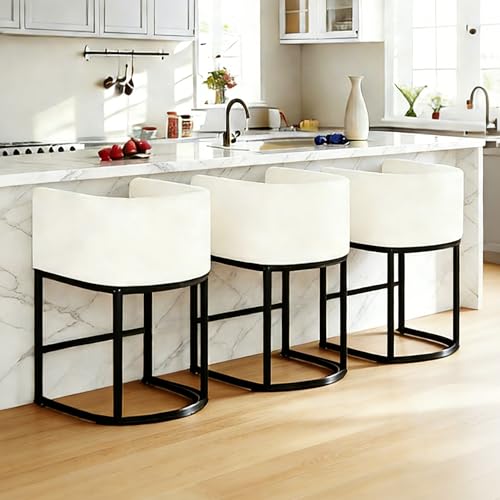 Image of 26 inch Counter Height Bar Stools Set of 3, Faux Leather Upholstered Barrel Chairs with Back and Arms, Metal Frame Kitchen Island Stools with Footrest, Cream White
