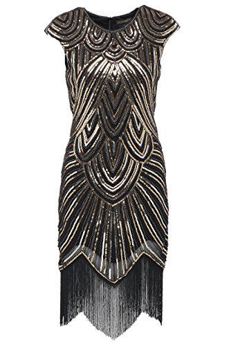 Miniatura 5 de Babeyond - Vestido De Charlestón Con Estilo De Los Años 20, Del Gran Gatsby, Con Flecos Y Cuello De Pico, Negro Oro, Xxxl