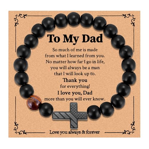 Kvekstio To My Dad Cross Bracelet Gift, American Flag Black Matte Beaded Bracelet from Daughter Son,...