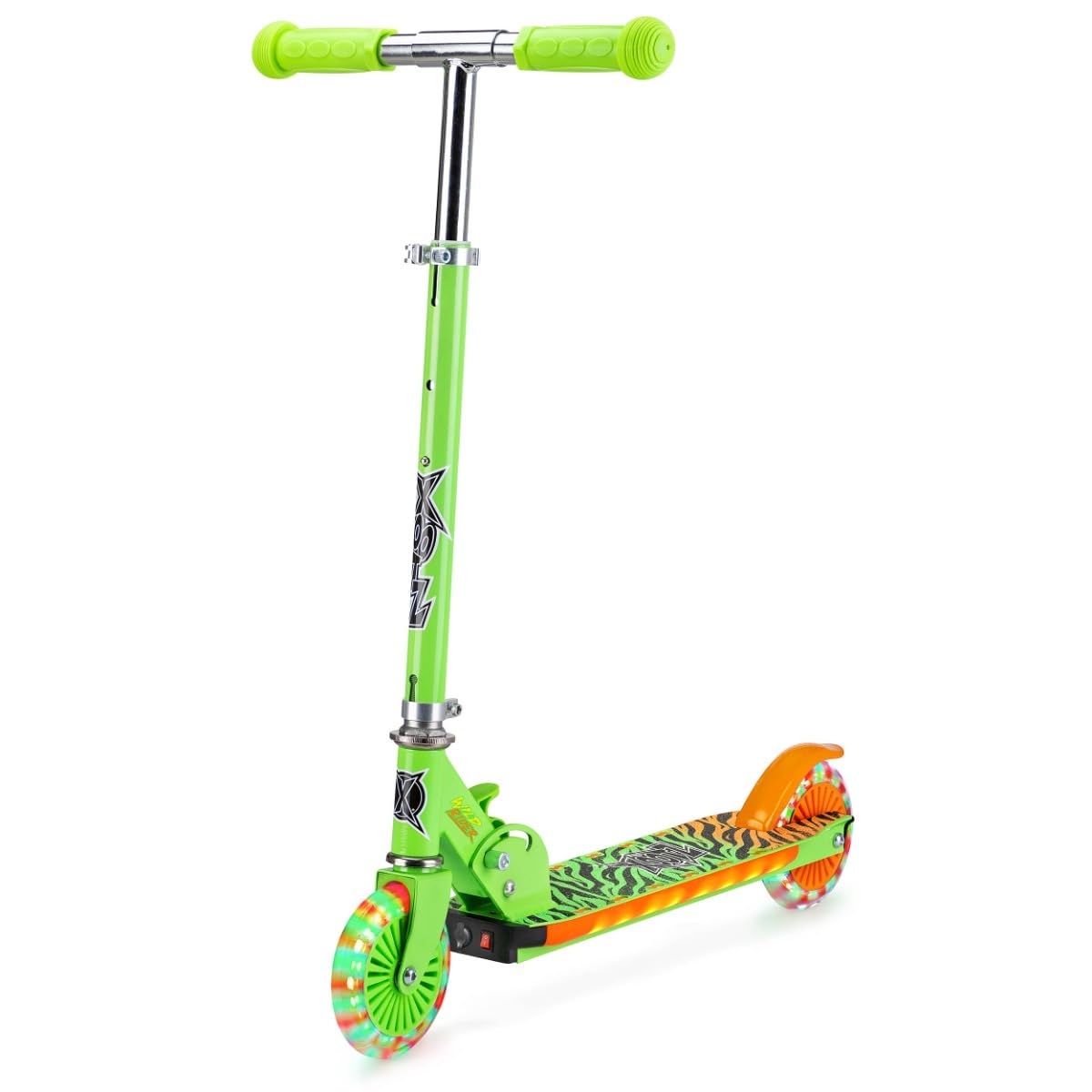 XootzWild Rider Light Up LED Scooter | Green Tiger Folding Light Up Scooter with LED Deck, Green and Orange, for Kids Ages 5+