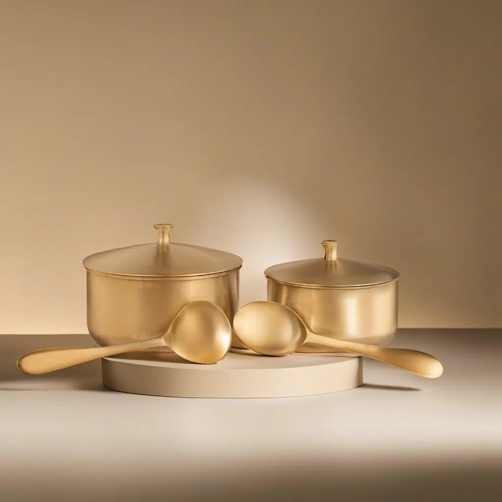 RAJ GHARANA METALS Pure Kansa Bowl Set with Spoon - Bronze Serving Bowl Set with Serving Spoon | Kansa Tableware Donga | Kansa Casserole for Serving Food, Ideal Gift for All Occasion - Set of 2