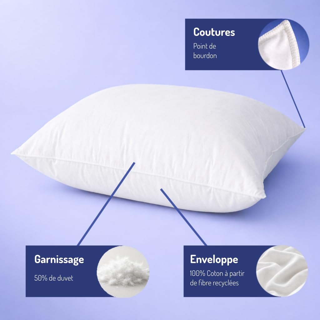 EDONA Oreiller Moelleux 50x70 en Duvet Naturel qualité hôtelière