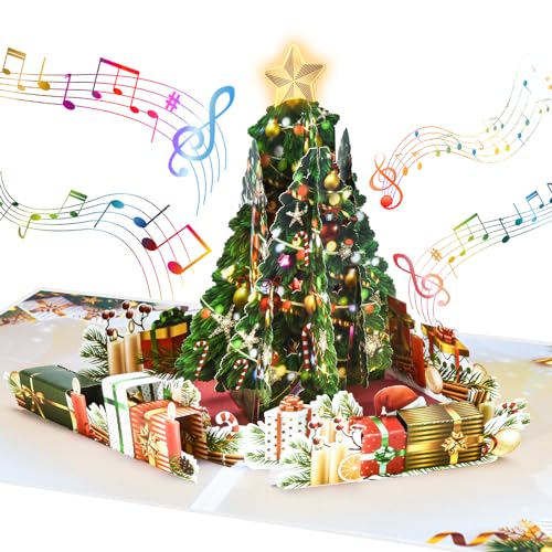 Venhoo Pop Up Christmas Cards with Light and Music, Christmas Tree Design, Handmade 3D Popup Musical Greeting Card for Christmas Holiday Includes Enve