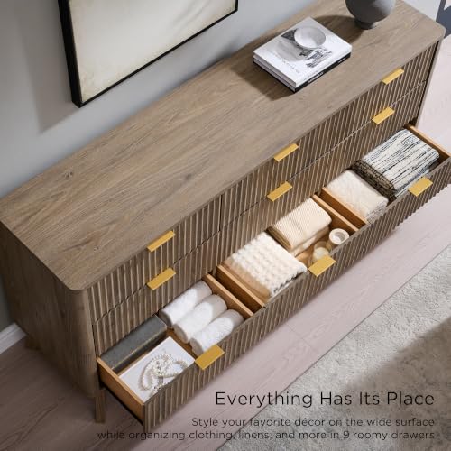 Image of T4TREAM 63 inch Wide Fluted 9 Drawer Dresser for Bedroom, Grey Alder