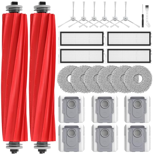 26 Pack Qrevo S Zubehör für Roborock Qrevo Pro/Qrevo S/Qrevo MaxV Staubsauger 2 Hauptbürsten 4 HEPA-Filter 6 Staubbeutel 6 Wischtücher 6 Seitenbürsten
