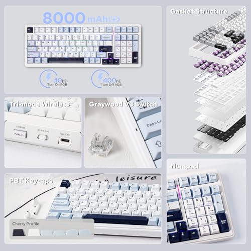 Image of EPOMAKER x Aula F99 Wireless Mechanical Keyboard, Gasket Custom Keyboard with Hot Exchange, Padded, Bluetooth, 8000mAh, NKRO, RGB, for Gaming /Win /Mac(F99 Blue, Graywood Switch)