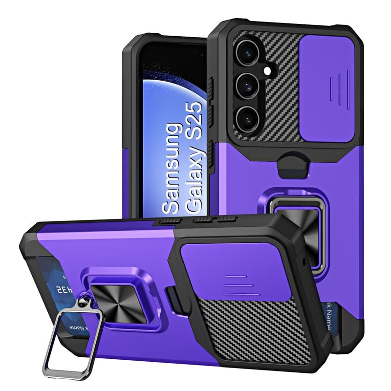 Image of LuxuryKase Shockproof Armor Case for Samsung Galaxy S25 | Slide Camera Cover | Hidden Card Slot | Rotating Ring Kickstand | Magnetic Car Mount Support | Military Grade Protection - Purple