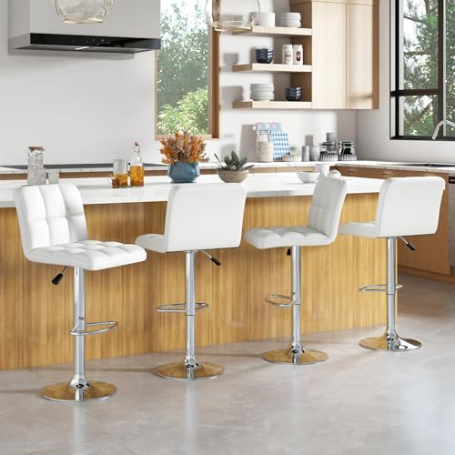 Butacos giratorios ajustables en altura, set de 4, con respaldo y reposapiés, tapizados en cuero sintético PU, base metálica, para isla de cocina (blanco) miniatura 1