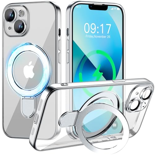 Image of Magnetic for iPhone 13 Case with Invisible Stand[Compatible with MagSafe][Full Camera Lens Protector][Military Drop Protection] Shockproof Not Yellowing Clear Slim Soft for Women Men