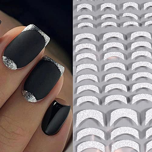 Sparkly Glitter French Nail Stickers,3D Glitter Silver Nail Decals Stripe Line French Tips Nail Art Stickers Self-Adhesive Curve Swirl Lines Nails Stickers Women Diy Nail Supplies,6 Sheets/Set (Glitter Silver) #TOP3