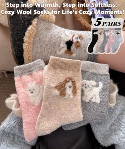 Image of IIG Cute Warm Wool Socks for Women Super Cozy Thick Crew Winter Socks Gifts, 5 Pairs