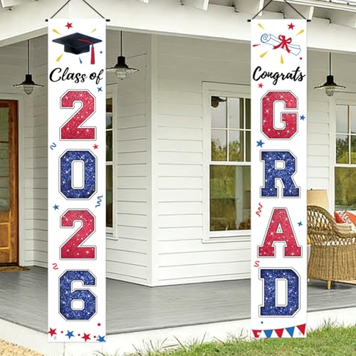 Graduation Decorations 2026 Red and Blue Door Porch Signs Graduation Banner Class of 2026 Congrats Grad Banner for Door and Porch Graduation Party Supplies