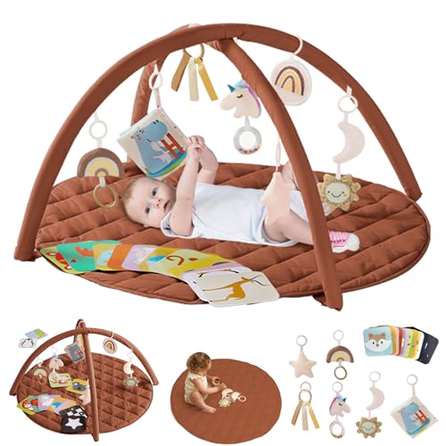 Image of Unicorn Baby Play Gym, Tummy Time Mat with 7 Detachable Toys & 15 Cards, Baby Play Mat for Stage-Based Sensory & Motor Skill Development, Baby Activity Mat for Girls & Boys, Ideal Present, Brown