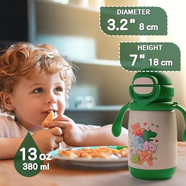 13oz Kids Insulated Water Bottle, 2-in-1 Straw & Spout Lid, with Shoulder Strap and Handle, 316 Stainless Steel Water Bottle for Toddler, Sports, Travel, and School (Green - Animals)