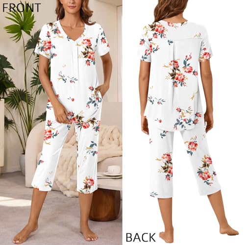 Image of Bestbee Women's Pajama Sets 2 Piece Lounge Outfits Summer Sleepwear V Neck Short Sleeve Capri Pant With Pockets Ladies Pjs