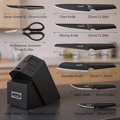 Image of KUISINE Upgraded Chef Knife Set One Piece Molding High Carbon Stainless Steel,Super Sharp Blade Ergonomic Steel Handle,Knife Block Set with Built-in Sharpener(EX Black Pro,15PCS)