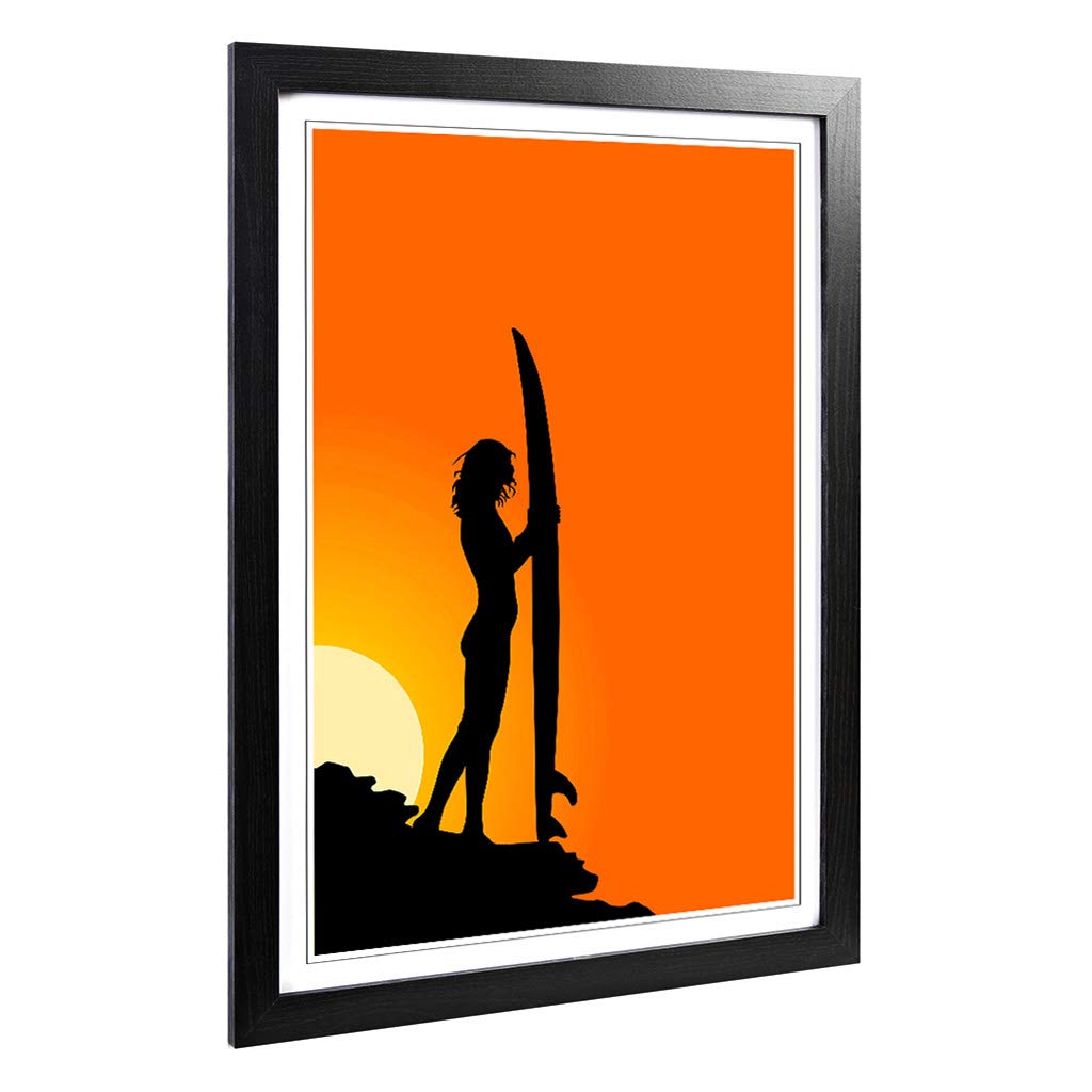 Big Box Art Framed Print of Surfer Surfboard Surfing Sunset Design | Wall Art Picture | Home Decor for Kitchen, Living Room, Bedroom, Hallway, Black, A2 / 24.5x18 Inch / 62x45cm