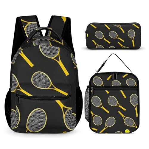 Backpack with Lunch Box Storage Bag Funny Colourful Tennis Racquets And Tennis Balls (1) Bookbag Set Backpack Lunch Box and Cosmetic Bag Bookbag Set