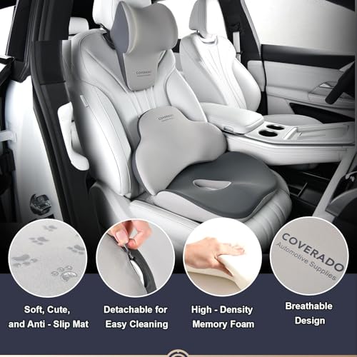 Image of Coverado Car Seat Cushion and Lumbar Support with Headrest Pillow Memory Foam Ergonomic Back Support Driving Seat Cushion Neck Head Pillow, Back Pain Relief, Cushion for Car Driver Office