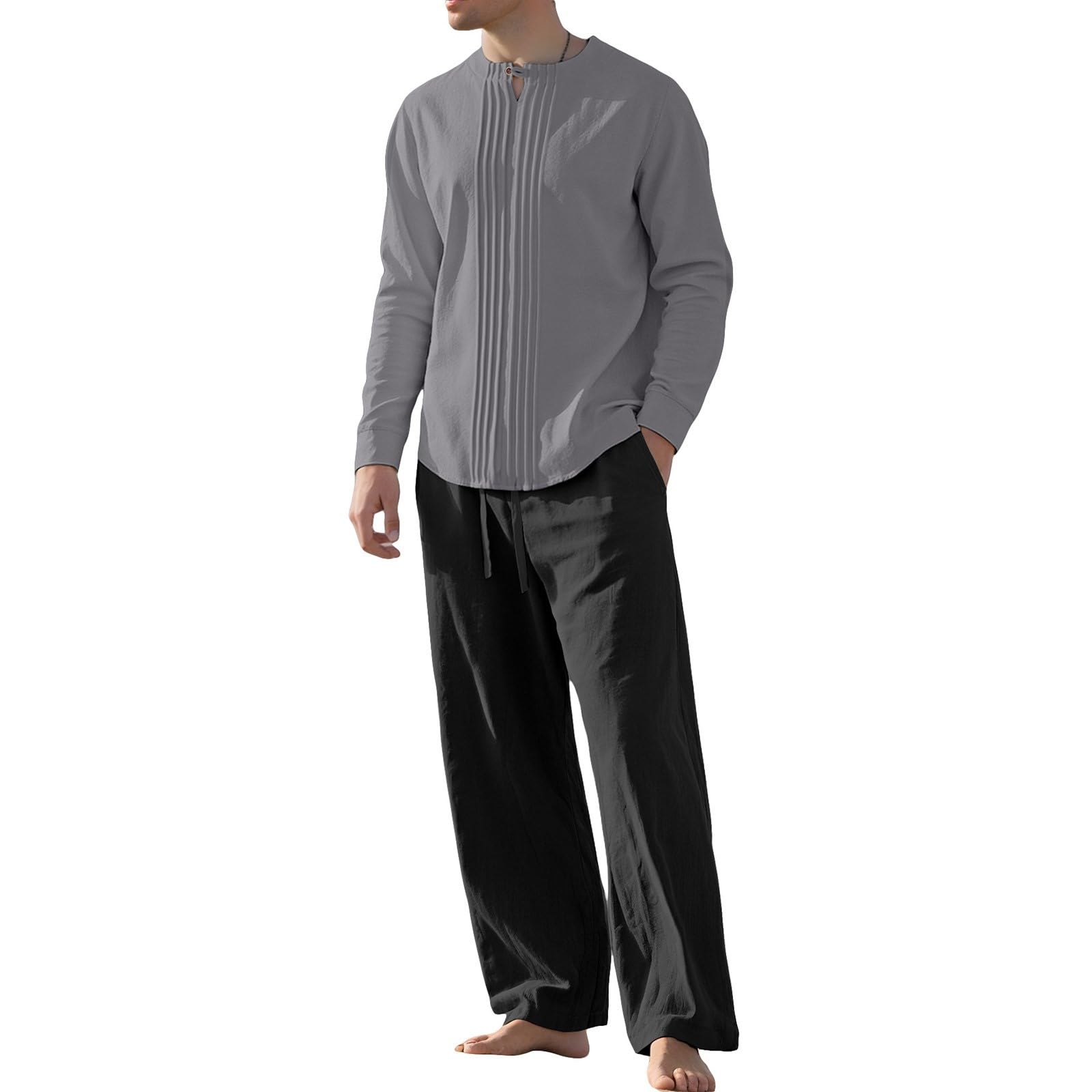 Camicetta Legere Uomo Cotone Camicia Sportiva Uomo Top Collo Mao Tinta unita Top Manica Lunga Chic E Confortevole Top Fluido Casual Top Vestibilità Larga Moda