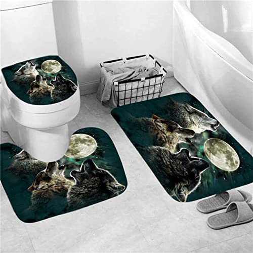 Duschvorhang-Set mit Wolf-Motiv, bedruckt, mit Badematte, rutschfest, Badezimmerteppich, Heimdekoration, Eingang, Fußmatte, Wohnzimmer, 150 x 180 cm, 4-teiliges Set – Bild 4
