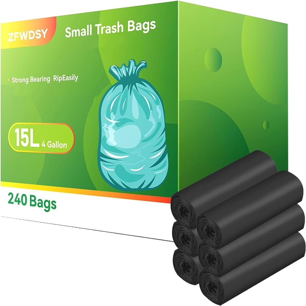 Small Trash Bags 0.6Mil Thicken 4 Gallon Bin 15L Garbage Bags 240 Counts Trash Can Liner for Home Office Kitchen Bathroom Car