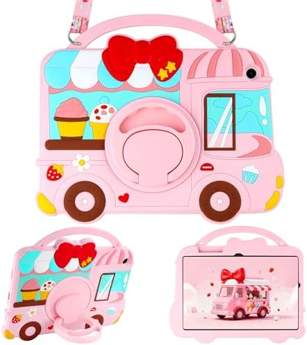 VOFUOE for Samsung Galaxy Tab A9 Plus Case for Kids Girls Sweet Dessert House Design with Shoulder Straps 360 ° Rotating Stand Soft Silicone Protective Cover for Galaxy Tab A9+ 11 Inch 2023- Pink