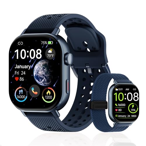 moutarlier 2026 Distance & Pace GPS Running Watch for Runners - Call & Text AMOLED Large Screen 50m Waterproof Swimming Calorie & Step Counter 2 Bands Long Battery for Seniors Men WomenBlue