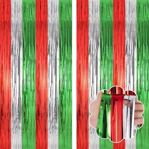 ORG Red Green and Silver Foil Fringe Backdrop Curtains,2 Pack 3.3ftx8.2ft Christmas Tinsel Streamers Party Decortions, Photo Booth Props Backdrop for Christmas New Year Ugly Sweater Party Decoration