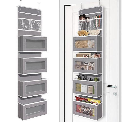Image of Giraffe Creation Over Door Organizer with 4 Large Capacity Pockets, Hanging Organizer Storage for Closet Bathroom Nursery Bedroom Dorm, Toys Cosmetics Sundries and Baby Essentials, Gray