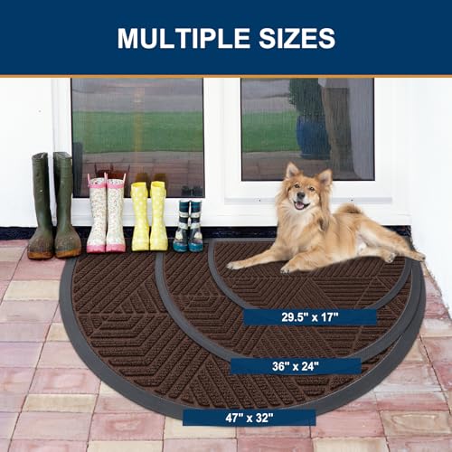 Image of Smiry Half Circle Front Door Mat Outside Entrance, Heavy Duty Sturdy Natural Rubber Doormat, Trap Dirt and Moisture, Low Profile Mats for Indoor Outdoor Entry, Irregular Triangle (47x32, Dark Brown)