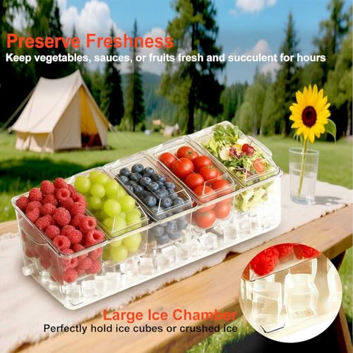 Large Ice Chilled Condiment Caddy，Chilled Condiment Containers Server with Lids for 5 Removable Compartments ，Serving Platters , Fruit & Garnish Tray for Party Supplies & Bar Accessories-Transparent by ALINGET - Used condition - Image 4
