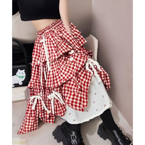 Y2k Vintage Plaid Patchwork Tiered Skirt 3D Satin Bow Layered Ruffles Lightweight Cotton Linen Blend Dressy Outfit for Women3