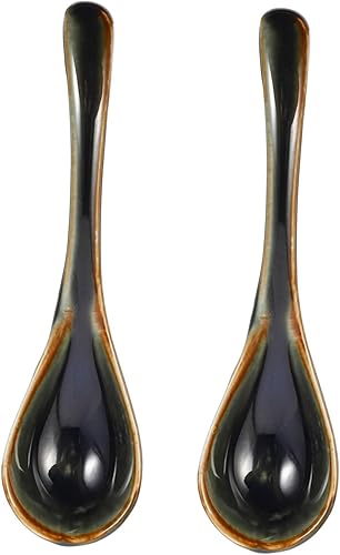 ABOOFAN 2 cucharas de sopa de cerámica para sopa de postres de avena, diseño de estilo japonés, mango seguro y cómodo