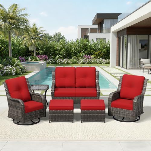 Image of Joyside 6 Piece Wicker Patio Furniture Set, Outdoor Swivel Rocker Patio Chairs with High Back, Deep Seating, Wide Armrest, Thickened Cushions, Outdoor Furniture for Deck, Porch Use