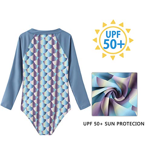 Image of Moon Tree Girls One Piece Swimsuits Long Sleeve Rash Guard Zipper Front Bathing Suit UPF 50+