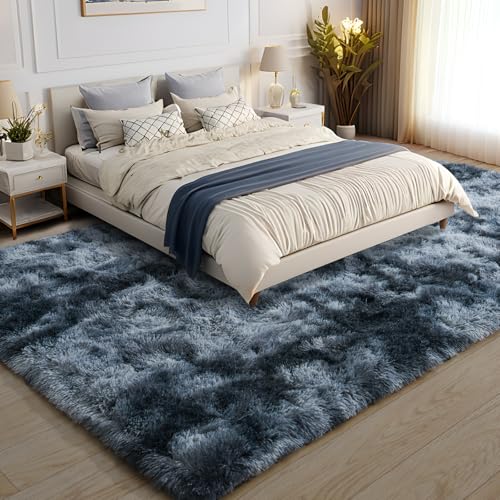 KING DARE 5x7 Rugs for Bedroom, Shaggy Plush Fuzzy Non-Slip Soft Fluffy Carpet Washable for Living Room Dorm Playroom Kids Room, Modern Home Decor Aesthetic, Blue and Grey