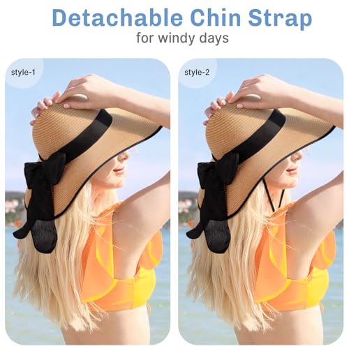 Image of Beach Sun Straw Hats for Women, Wide Brim UPF 50+ UV Sun Protection Summer Straw Hat Packable Foldable Roll up Cap
