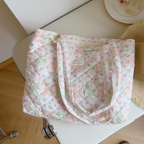 Image of Floral Quilted Cotton Shoulder Bag for Women Daily Use Medium Size Handbag Large Capacity Thickened Design Tote