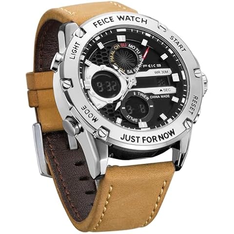 FEICE Men’s Chronograph Quartz Watch Multifunctional Vintage Waterproof Sports Wristwatch Brown Leather Strap Sleek Watches for Men Cover