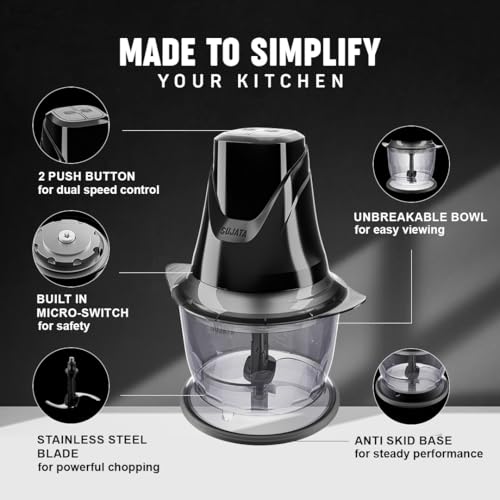 Image of Sujata Chopcraft Electric Chopper 900ml, Vegetable Chopper for Kitchen | Dual Speed | 3200 RPM High Speed Motor | Stainless Steel Blades | Chop, Mince, Whip & Blend | Black