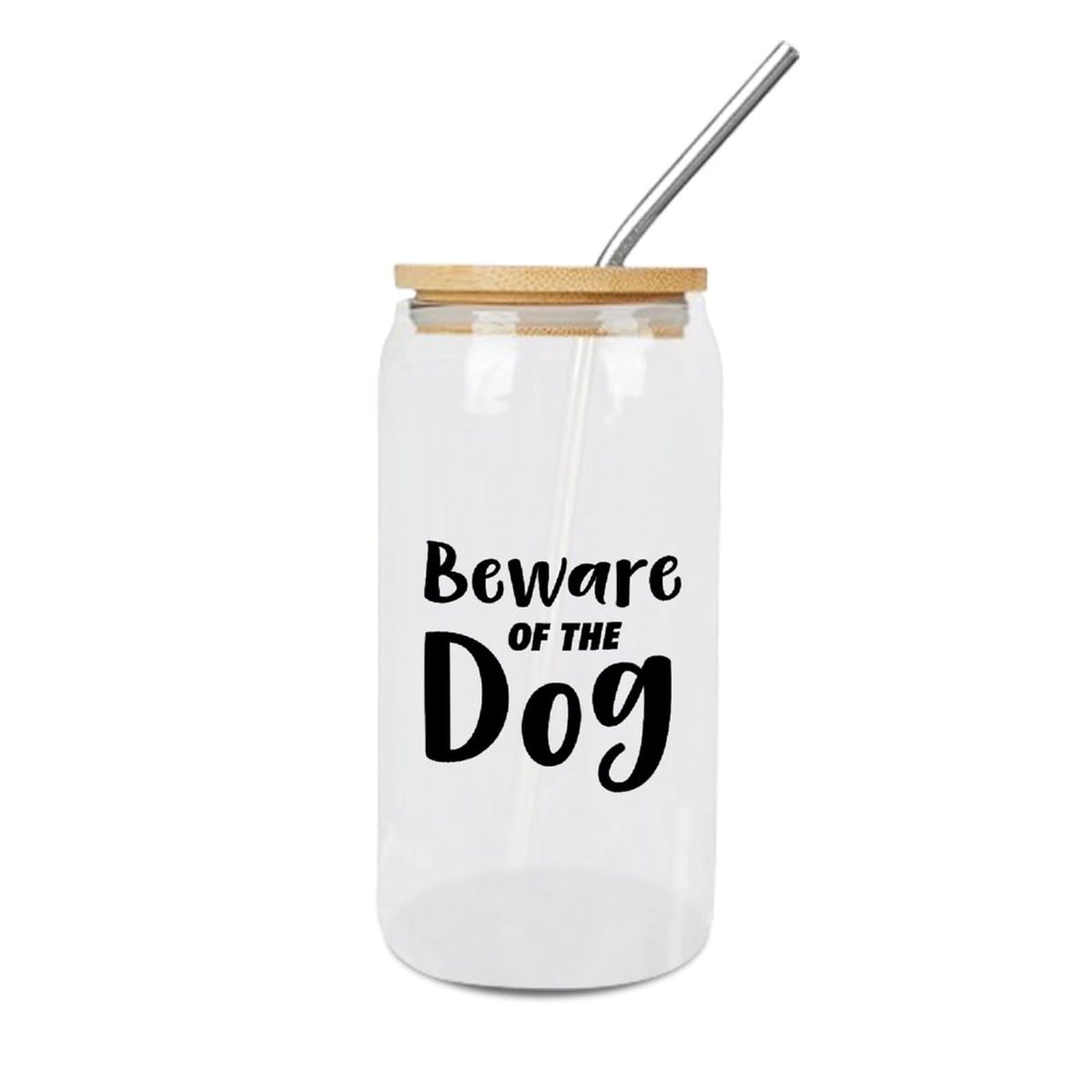 Luckluccy Glass Jars with Bamboo Lids Beware of The Dog Glass Cup Drinking Glasses Cups Great For Tea Whiskey Water 16 OZ